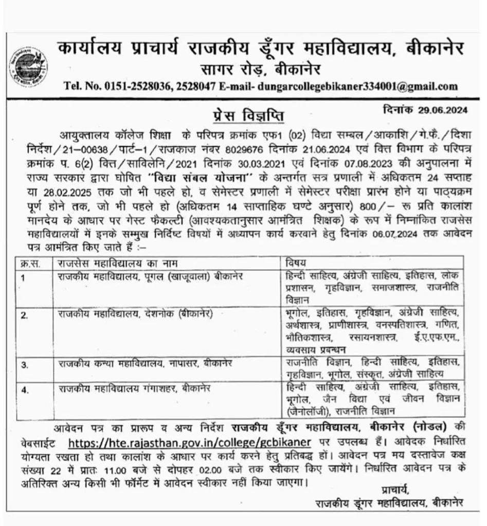 Rajasthan Guest Faculty Teacher Recruitment 2024